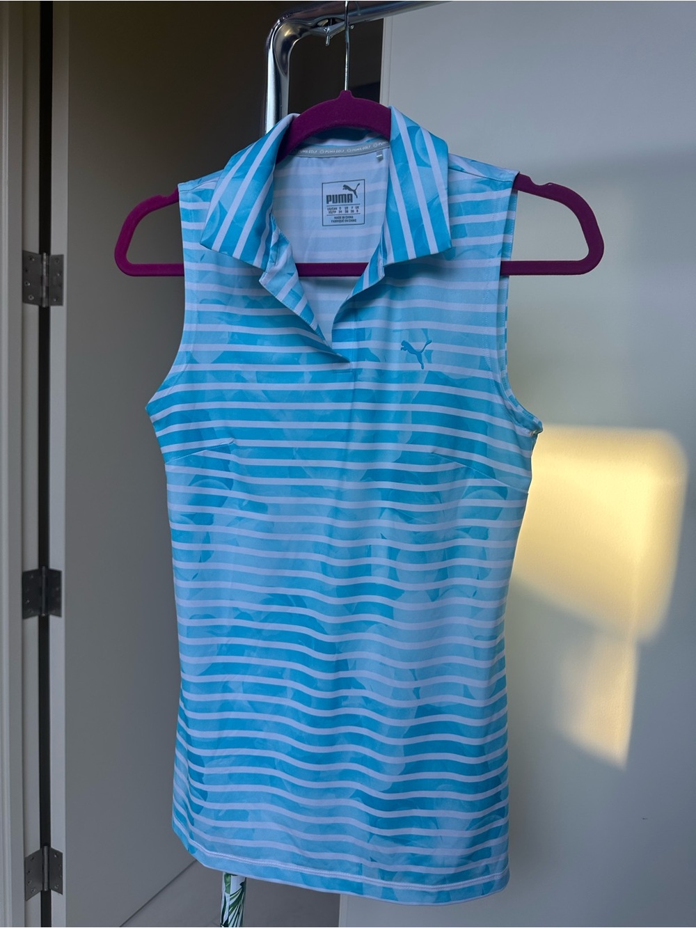 XS Puma Sleeveless Striped Golf Polo - Aqua & White